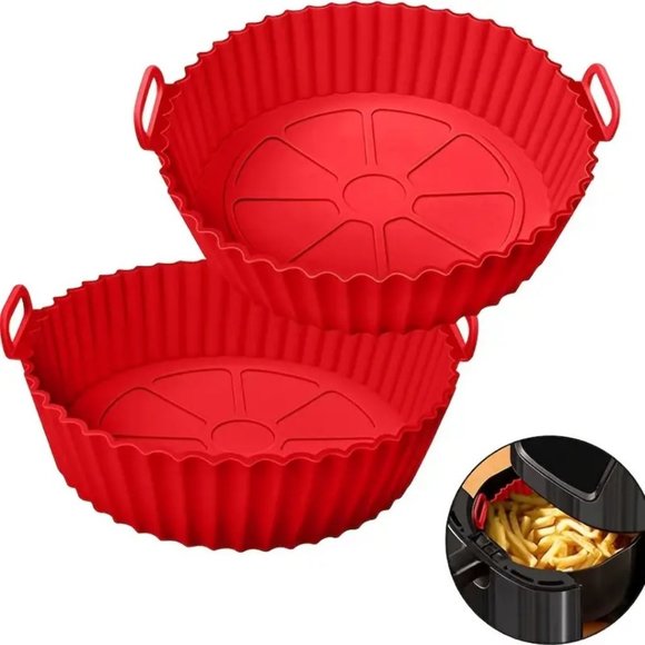 2 Piece Set BPA Free Silicone Baking or Air Fryer Pan Red Round - Picture 4 of 7